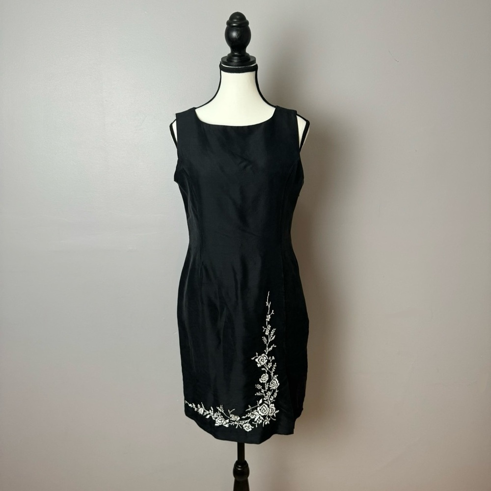 Vintage Bob Mackie Studio sleeveless floral embroidered silk little black dress